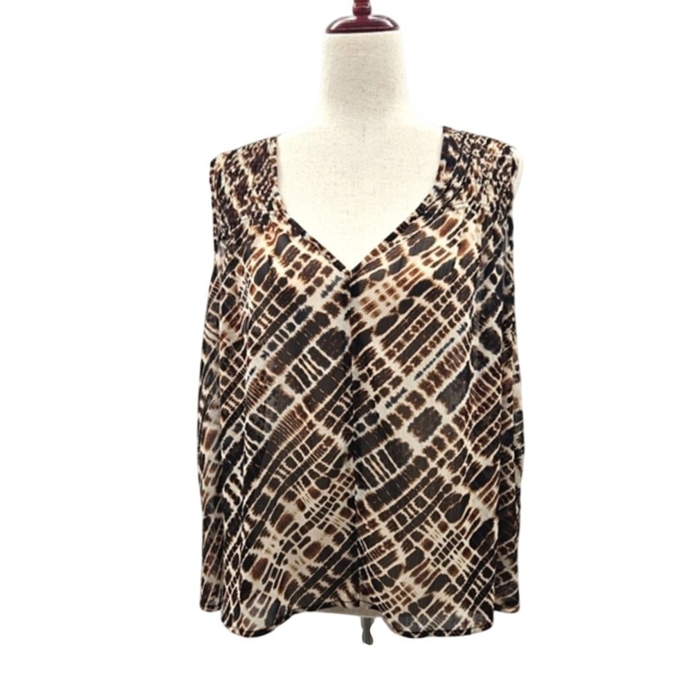 Banana Republic Women Brown Abstract Animal Print Smocked‎ Sleeveless Blouse L